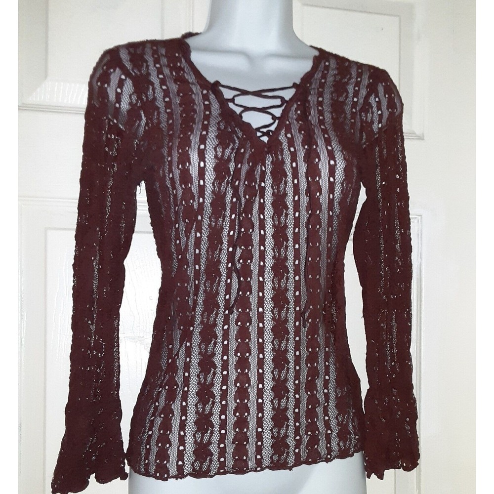 Y2K GUESS JEANS Long Sleeve Full Mesh Lace Top Blouse Shirt Women Small Stretch